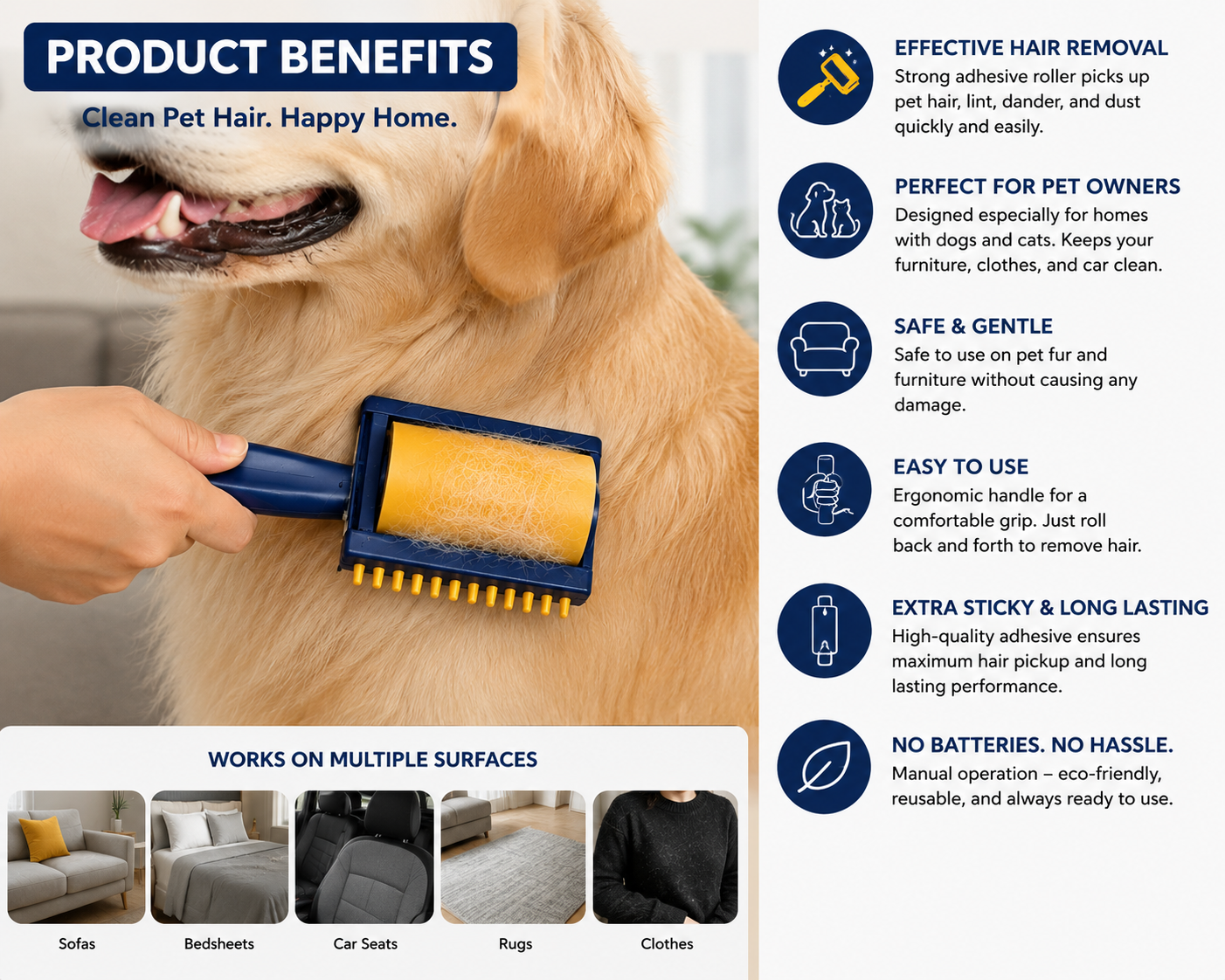 Pet Hair Remover Roller for Dogs & Cats - Reusable  Fur Lint Roller Brush