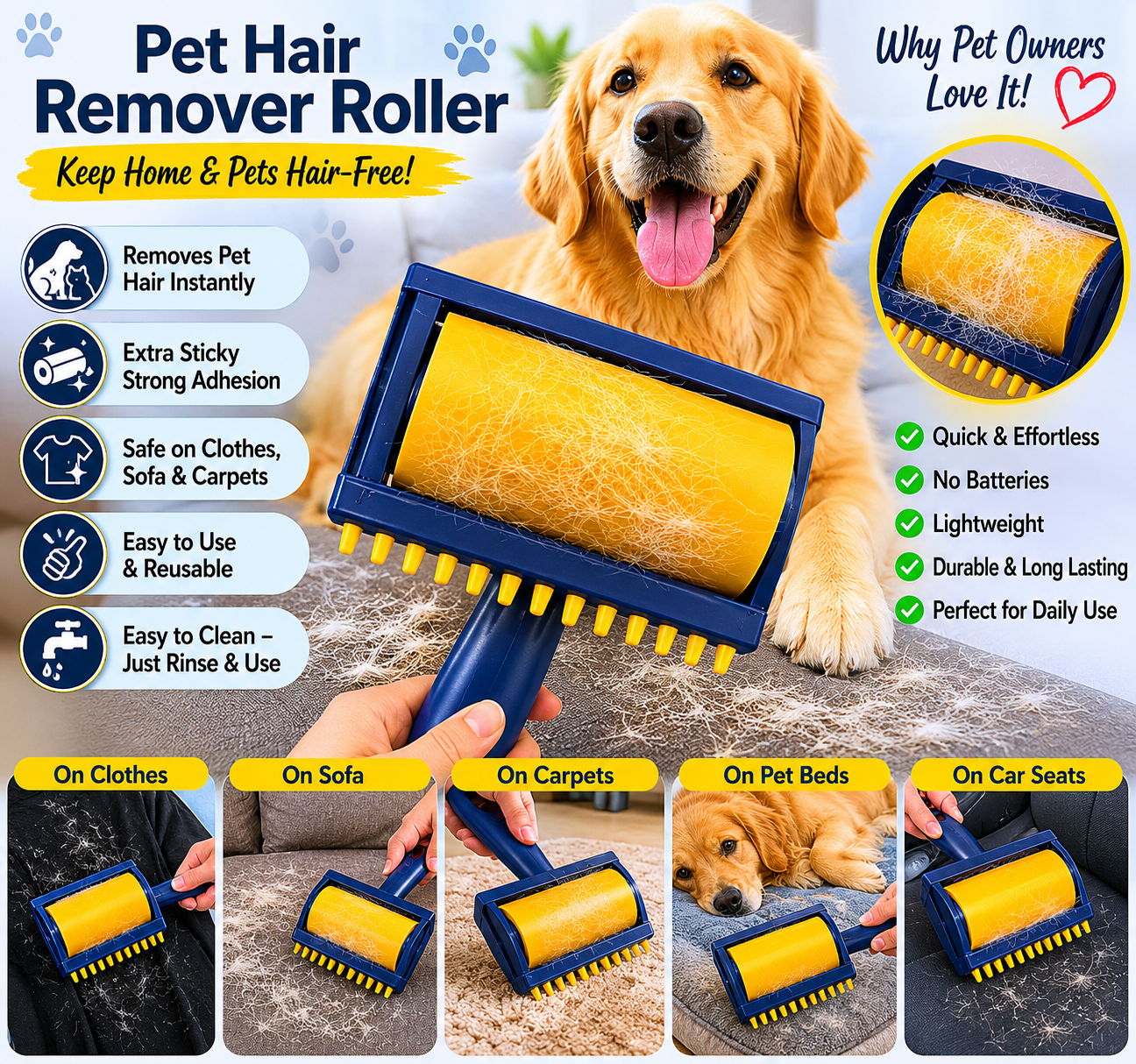 Pet Hair Remover Roller for Dogs & Cats - Reusable  Fur Lint Roller Brush