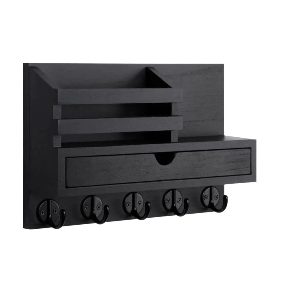 Solid Wood Wooden Wall Mounted Storage Rack With Drawer Multiple Hooks Solid Wood Organizer Natural Appearance Simple Design