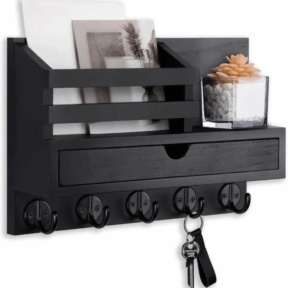Solid Wood Wooden Wall Mounted Storage Rack With Drawer Multiple Hooks Solid Wood Organizer Natural Appearance Simple Design
