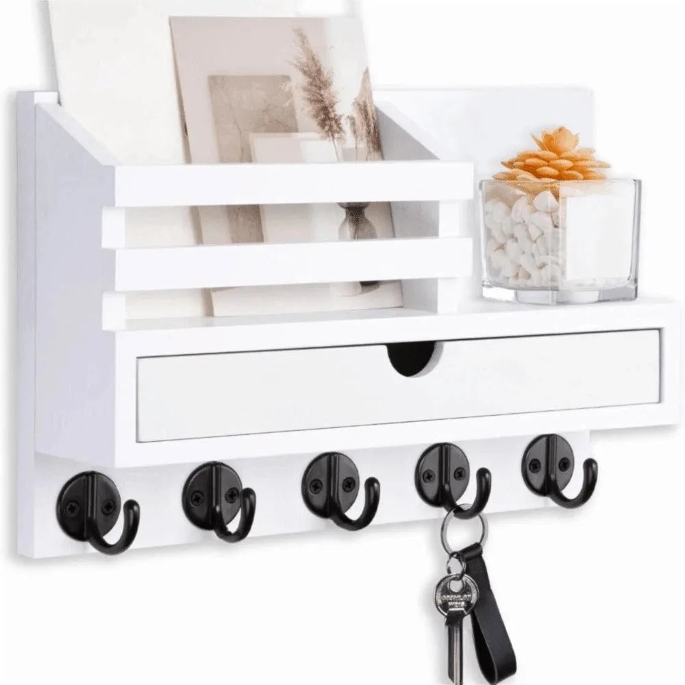 Solid Wood Wooden Wall Mounted Storage Rack With Drawer Multiple Hooks Solid Wood Organizer Natural Appearance Simple Design