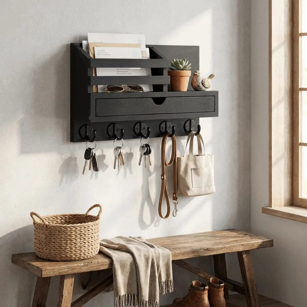 Solid Wood Wooden Wall Mounted Storage Rack With Drawer Multiple Hooks Solid Wood Organizer Natural Appearance Simple Design