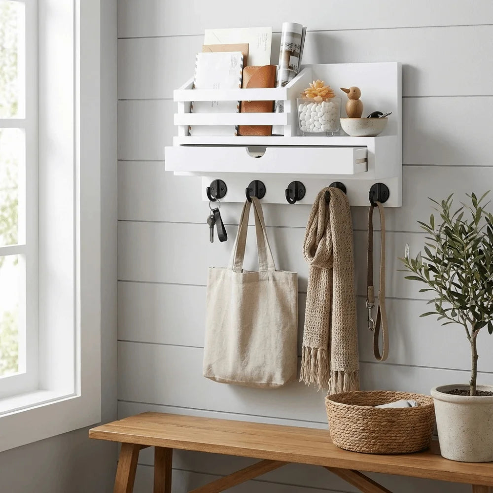 Solid Wood Wooden Wall Mounted Storage Rack With Drawer Multiple Hooks Solid Wood Organizer Natural Appearance Simple Design