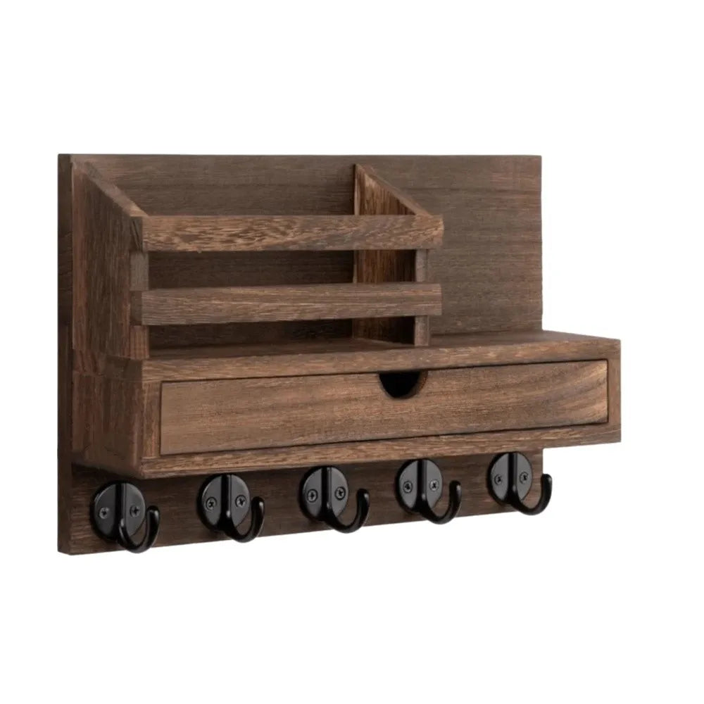 Solid Wood Wooden Wall Mounted Storage Rack With Drawer Multiple Hooks Solid Wood Organizer Natural Appearance Simple Design