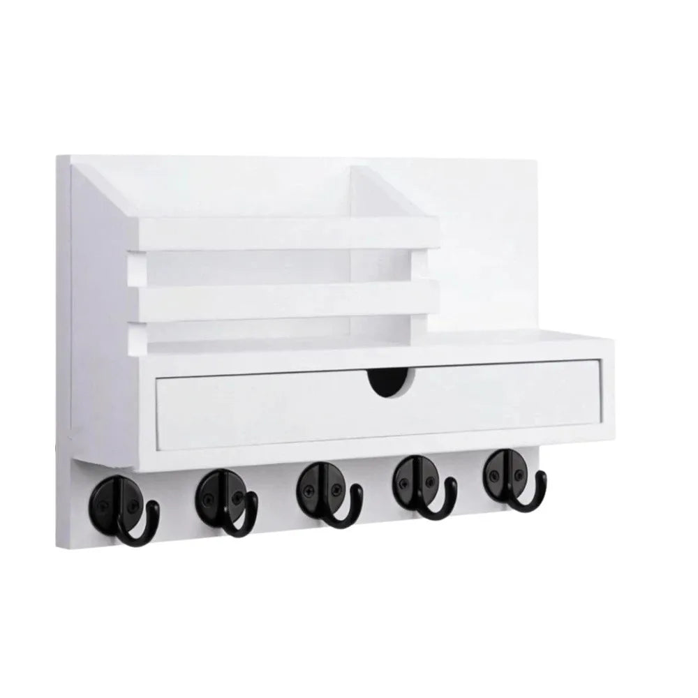 Solid Wood Wooden Wall Mounted Storage Rack With Drawer Multiple Hooks Solid Wood Organizer Natural Appearance Simple Design