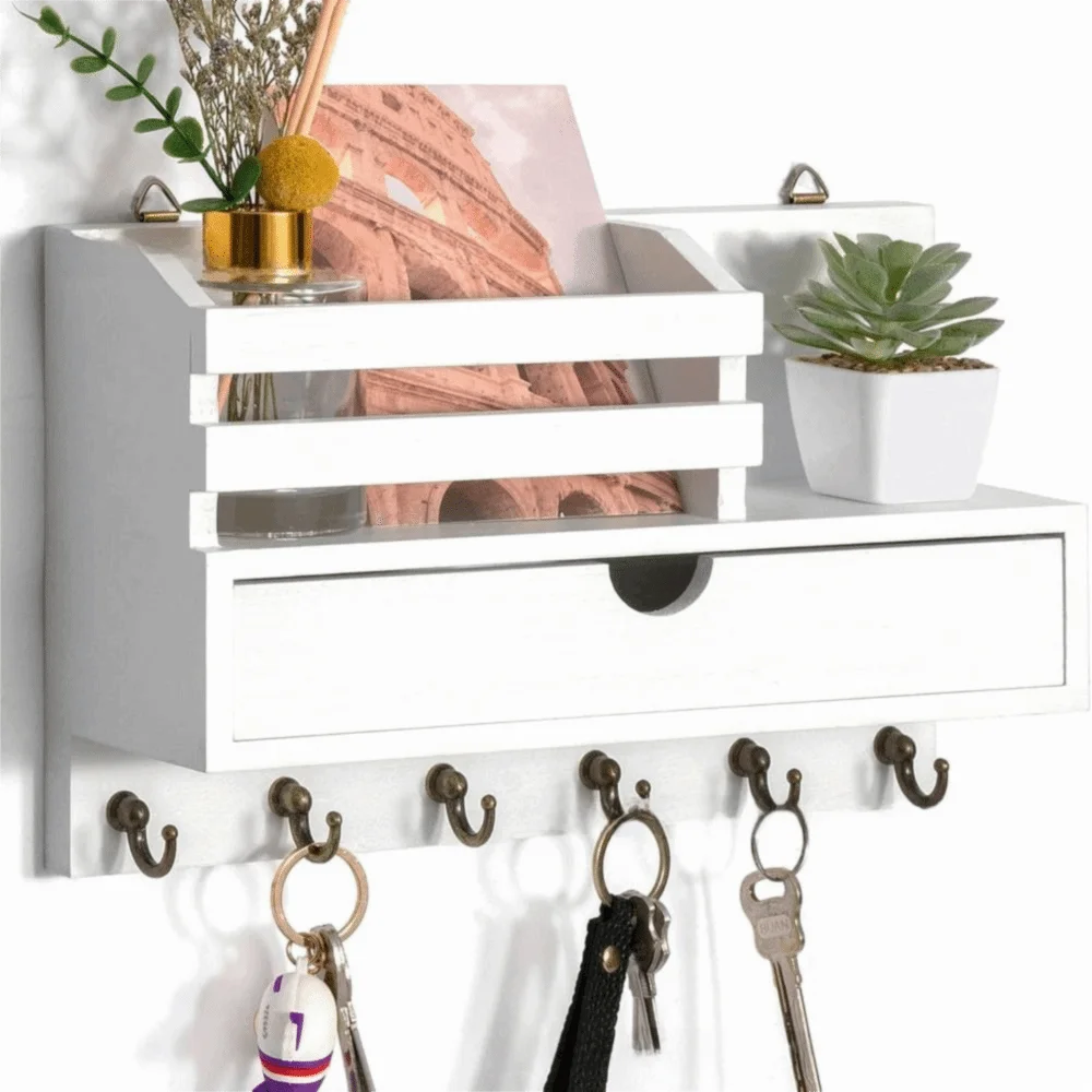 Solid Wood Wooden Wall Mounted Storage Rack With Drawer Multiple Hooks Solid Wood Organizer Natural Appearance Simple Design